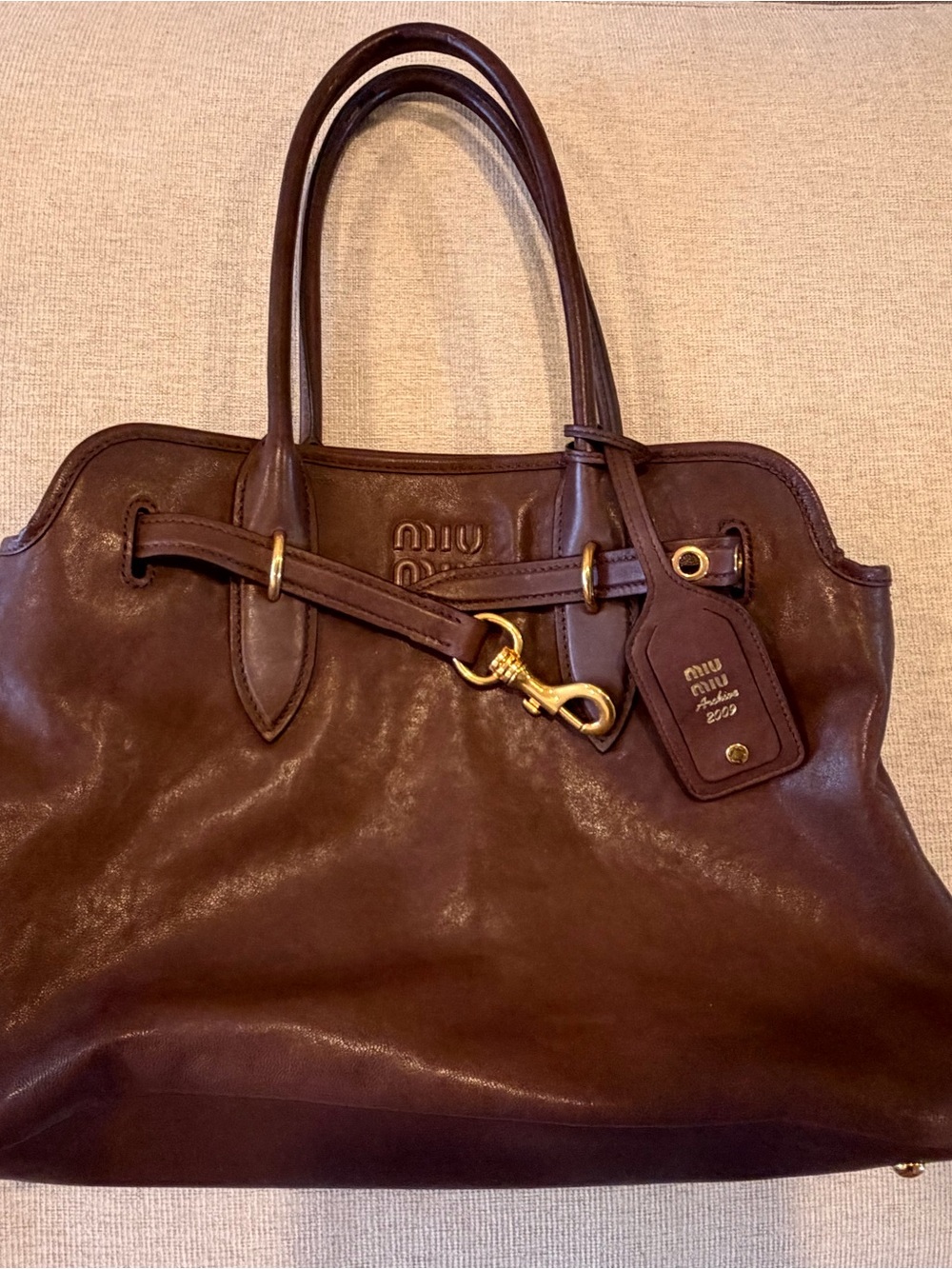 Miu Miu Dark Brown Leather Tote with Gold Hardware